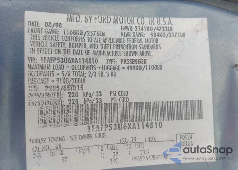 1999 Ford Taurus Se/Se-Ne z USA, uszkodzony, nr VIN 1FAFP53U6XA114810